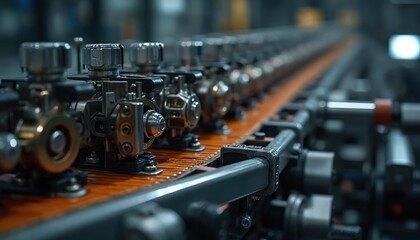 Close-up industrial machinery components. Production line engineering design features metallic machine elements. Automation tech, system, process, innovation factory. Modern workflow equipment
