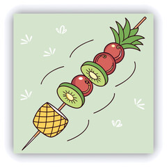 Realistic 3D Icon Cartoon of Flying Fruit Skewers with Pineapple, Grapes, and Kiwi on a Light Pastel Mint Green Background