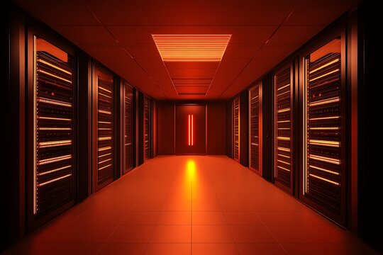 Server room hosting facility with rows of rack cabinets and computer equipment, data center