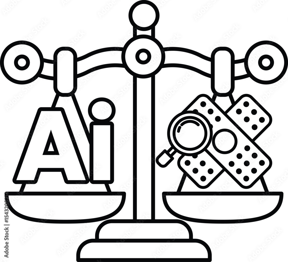 Poster a scale with the letters ai on one side and a magnifying glass on the other