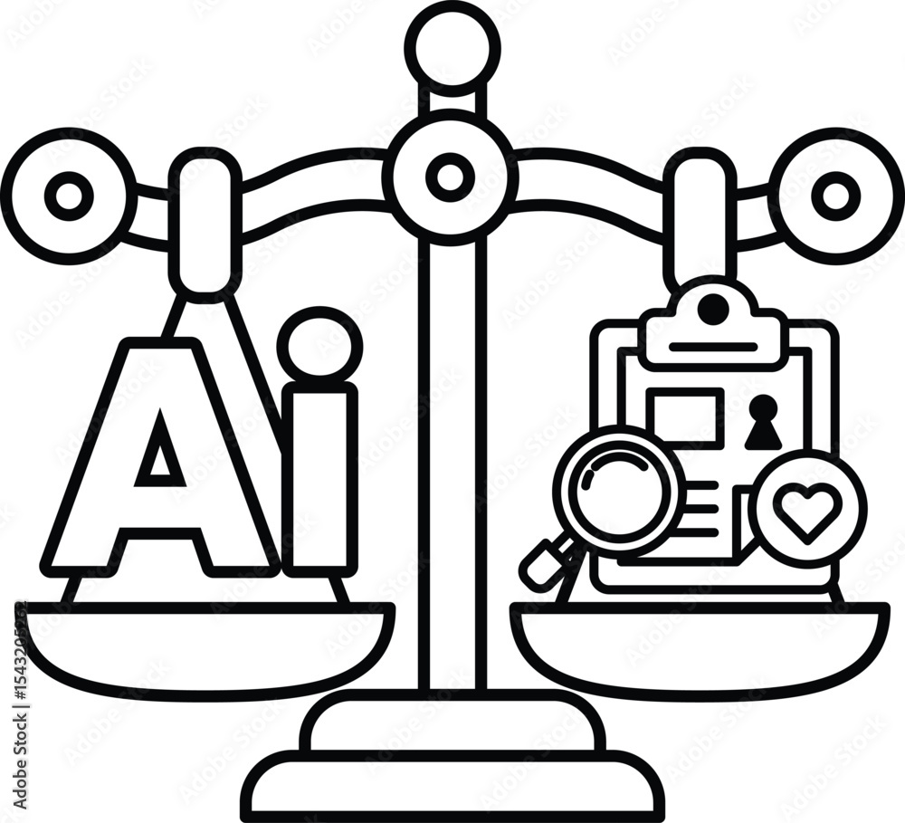 Poster a scale with the word ai on one side and a magnifying glass on the other