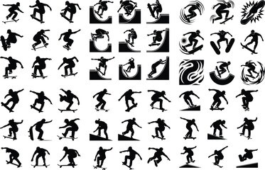 Skateboard Trick Pose Icon Silhouette – Cool Skater Action Pack Skater Mid-Trick Silhouette Set – Dynamic Skateboarding Icons