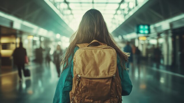 A traveler with a backpack navigating through a bustling airport terminal, embodying the spirit of adventure and exploration in a vibrant, dynamic atmosphere.