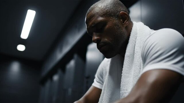 Athlete in locker room preparing for competition, focused and determined, showcasing dedication and mental strength