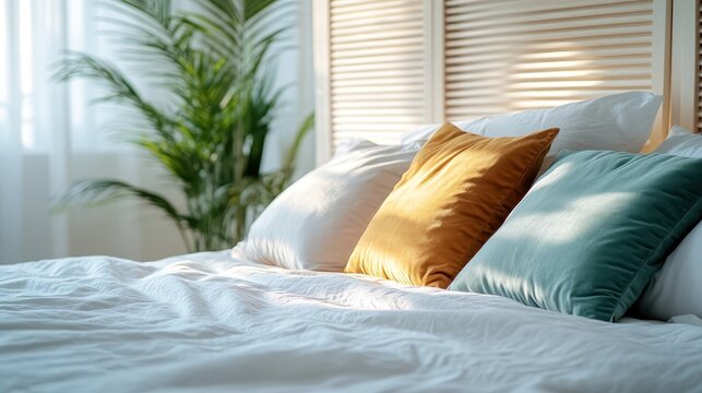 A serene bedroom setup featuring plush pillows and a vibrant green plant, promoting a sense of comfort and tranquility, perfect for relaxation and restful moments.