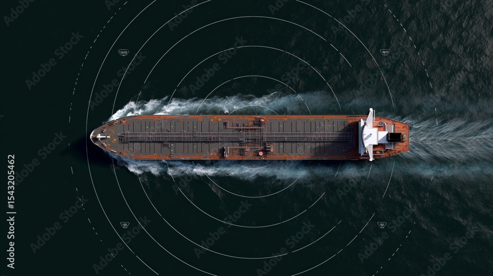 Poster A large cargo ship moves swiftly through the ocean, utilizing autopilot technology for navigation. The vessel is engaged in transport activities, showcasing modern shipping capabilities.