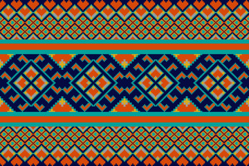 Bold Ethnic Pixel Art Seamless Pattern in Orange and Teal. This energetic and rich pixel art pattern is ideal for digital backgrounds, web design, game development, textiles, fashion, packaging