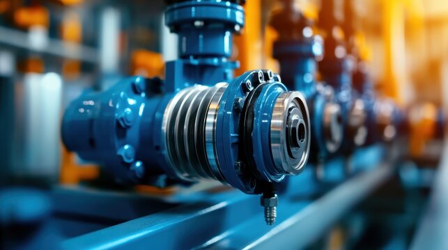 This image focuses on the intricate details of a blue industrial pump part, highlighting the precision and engineering crucial for modern machinery and factory operations.