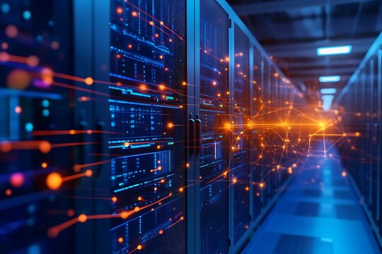 Data center servers with glowing network connections for cloud computing services