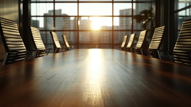 A striking image of a corporate conference room bathed in warm sunlight at sunset, reflecting a blend of professionalism, collaboration, and innovative environments.