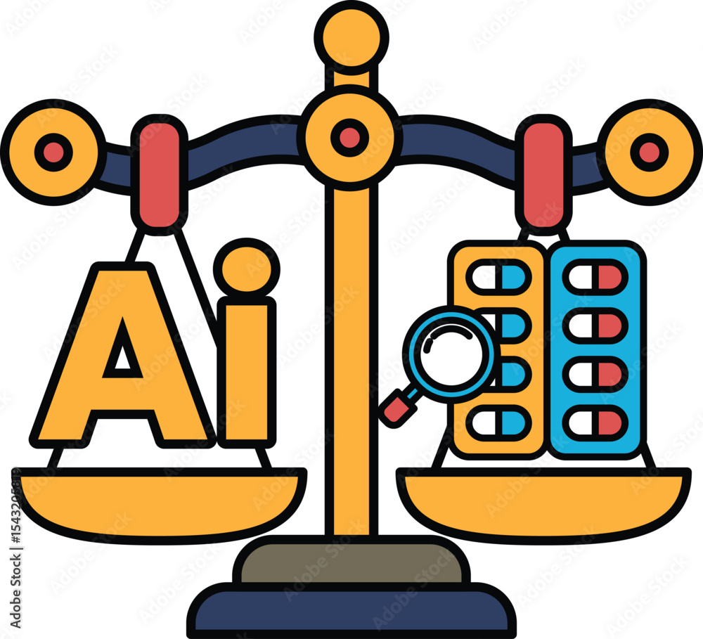 Poster a scale with the letters ai on one side and a magnifying glass on the other