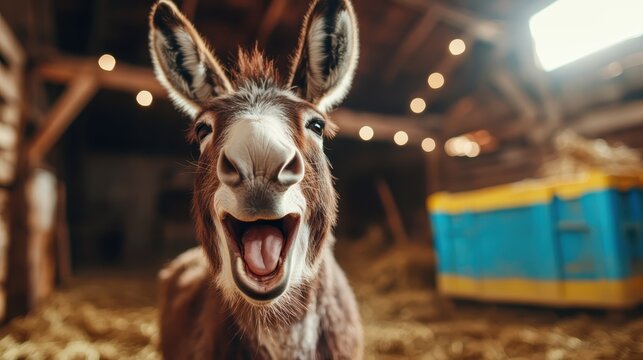 A happy donkey with a wide open mouth stands in a rustic barn, showcasing its playful personality against a backdrop of hay and warm lights. Its expression radiates pure joy.