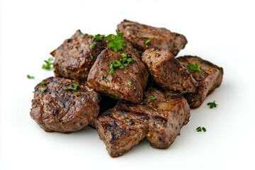 Delicious grilled spiced beef chunks showcasing vibrant spices and garnishes arranged on a clean white background for culinary presentation