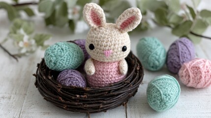 A cute crocheted bunny sits in a nest with colorful knitted eggs, surrounded by soft pastel decor and green leaves