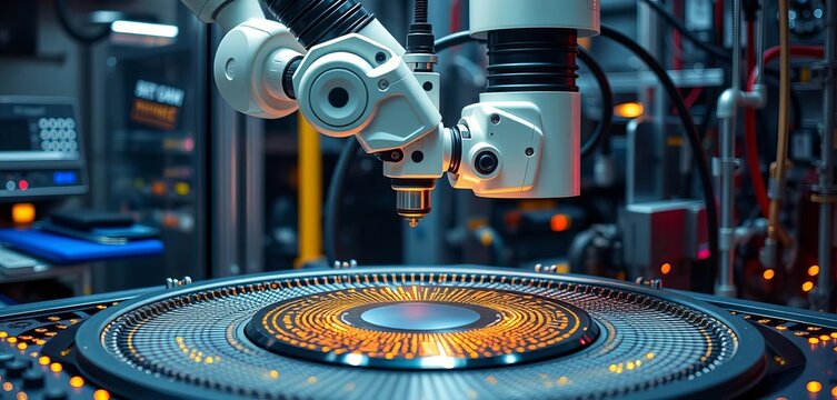 Robotic arm precisely placing a wafer in semiconductor manufacturing equipment,  machine,  engineering