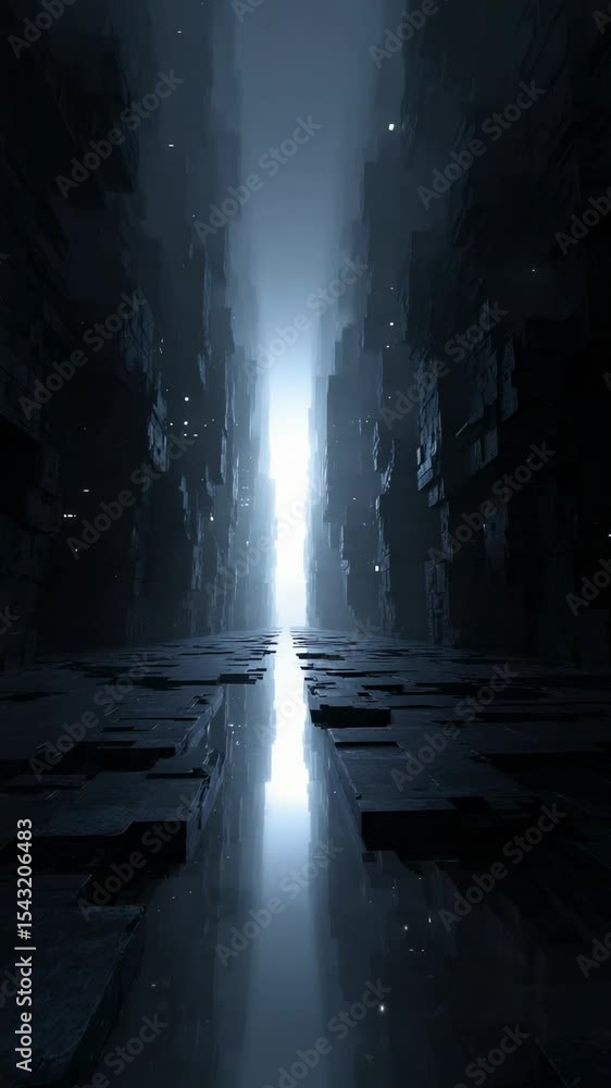 Poster exploring an abstract cavern with ethereal light and reflections in a futuristic digital landscape