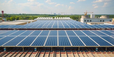 Rows of solar panels mounted on industrial building roof,  warehouse,  infrastructure