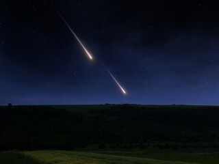 Landscape with falling stars. Meteors in the night sky. Bright meteor trails. Meteorites over the...
