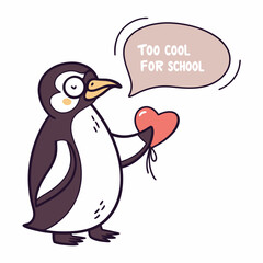 Cute penguin holding heart too cool for school cartoon illustration