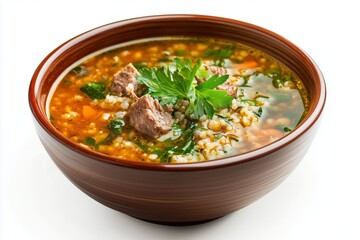 Delicious Shorba Frik soup with tender meat and freekeh grains in a warm bowl against a white background