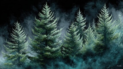 Misty evergreen trees stand tall against a dark, dramatic sky in this atmospheric digital forest landscape