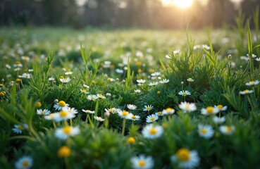 Field of white flowers with yellow centers in sunny light. Wildflowers blossom in spring with green foliage. Botanical beauty, nature, fresh environment.