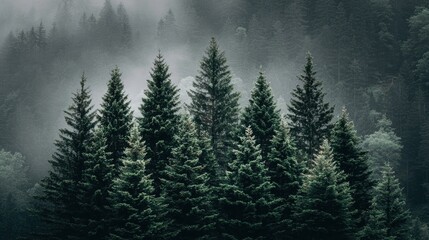 Dense pine trees rise through mist in a tranquil, lush green forest, creating a serene and atmospheric natural landscape