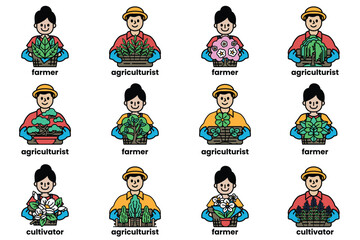 A series of people holding plants, with the word "farmer" on the top left