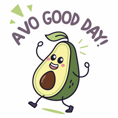 Happy avocado character saying avo good day