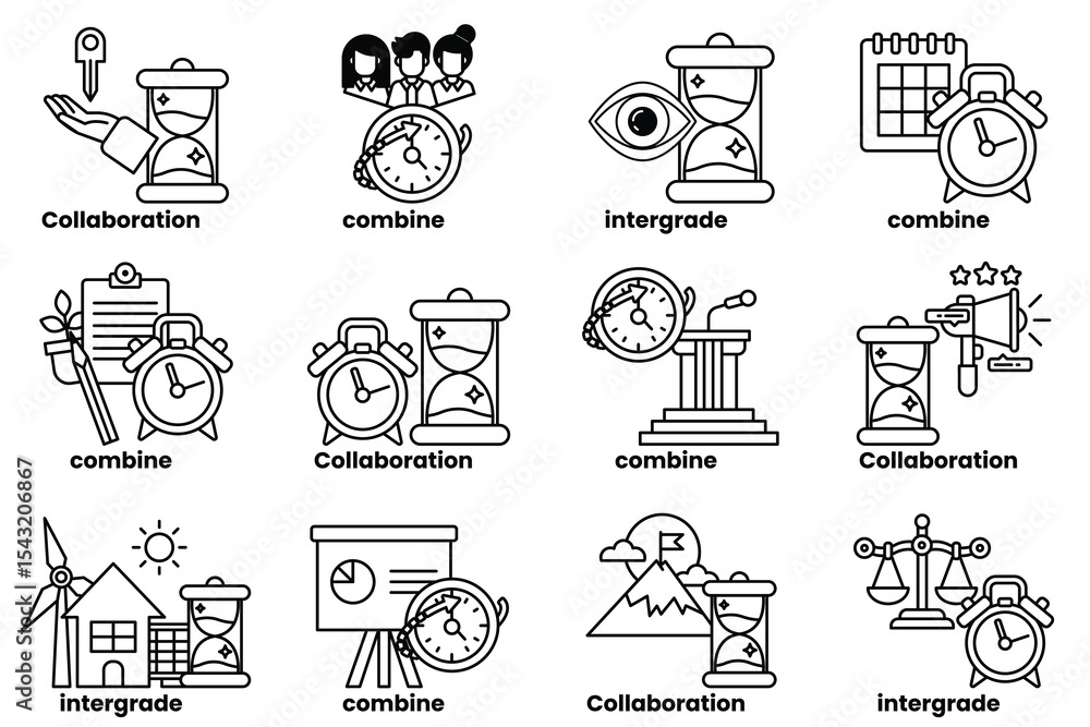Poster the image is a collection of different time-related icons, including clocks