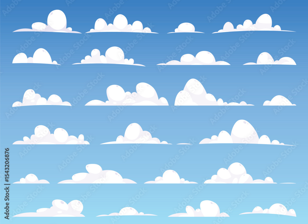 Poster cartoon of a series of fluffy clouds arranged across a blue sky that is graduated in tone. the cloud