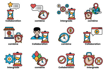 The image is a collection of different clock faces with various words
