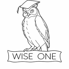 Wise owl graduate wearing graduation cap banner