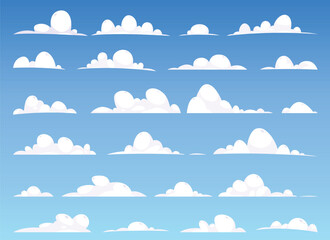 Cartoon of a series of fluffy clouds arranged across a blue sky that is graduated in tone. The clouds are cartoonish in style and each cloud has a unique shape.