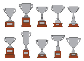 This image showcases a diverse collection of silver trophies, each mounted on a brown base. Ideal for representing accomplishments and victories in various endeavors.