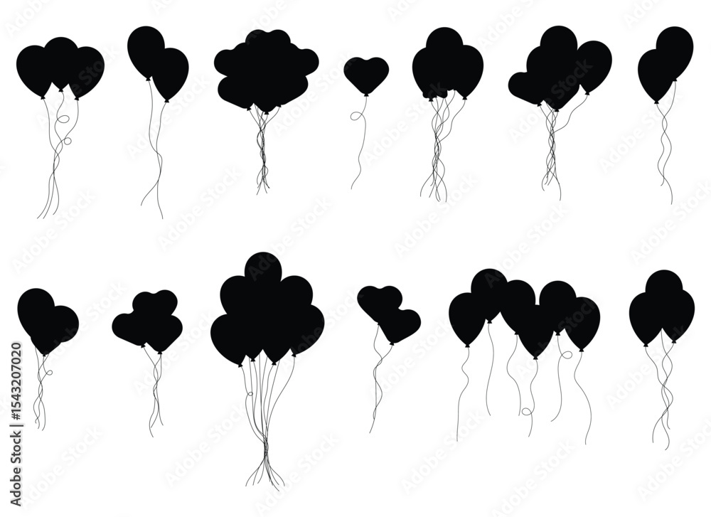 Poster a graphic illustration features an array of balloon clusters in silhouette. they vary in size and sh