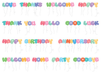 This image shows a variety of colorful letter-shaped balloons spelling out greetings for celebrations. The balloons are set against a white background.