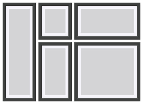 A set of five frames with gray backgrounds and varying sizes, including rectangular and square, are arranged to depict a customizable display for photos or artwork.