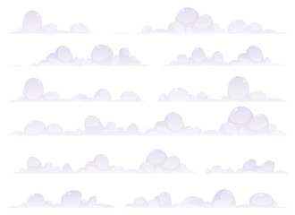 This image features rows of cartoon clouds in light purple set against a white backdrop. The clouds vary slightly in shape and size, creating a dynamic visual.