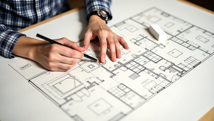 Architect Designing Building Floor Plan on Paper – Close-Up of Hands with Pencil.