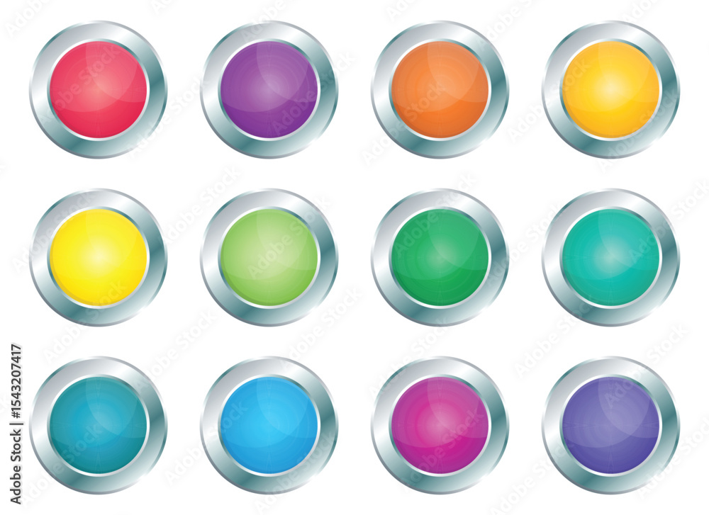 Poster a collection of twelve shiny buttons. they are round, featuring different colors inside a shiny chro