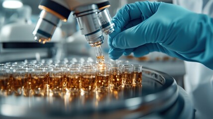 A skilled scientist in a laboratory, meticulously analyzing samples with precision under high-tech equipment, highlighting the importance of research and innovation in science and technology.