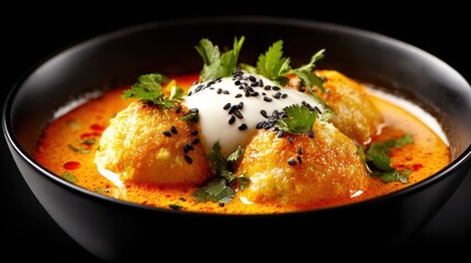 A black bowl filled with vibrant curry, dumplings, creamy yogurt, black sesame seeds, and fresh cilantro, presented on a dark background
