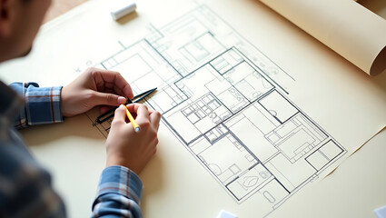 Architect Designing Building Floor Plan on Paper – Close-Up of Hands with Pencil.