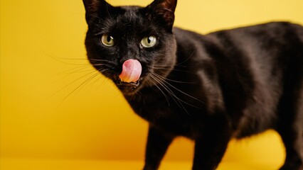 Black cat licking its nose on yellow background