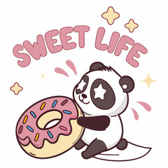 Adorable panda bear holding a sweet donut sweet life design