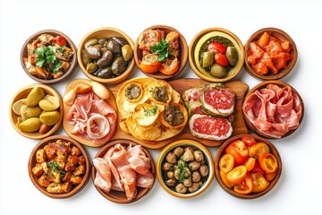 Variety of Spanish tapas platter featuring assorted savory dishes displayed on a white background, perfect for gatherings or culinary exploration