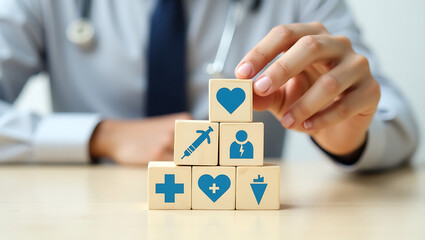Healthcare Pyramid with Medical Symbols and Professional Hand.