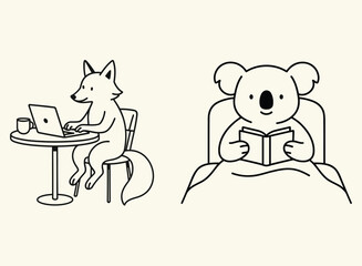  Work and Rest Animal Illustration Fox on Laptop and Koala Reading in Bed