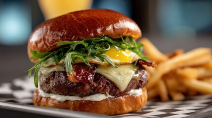 Juicy gourmet burger with fried egg, bacon, cheese, arugula, and creamy sauce on a brioche bun, served with crispy golden fries